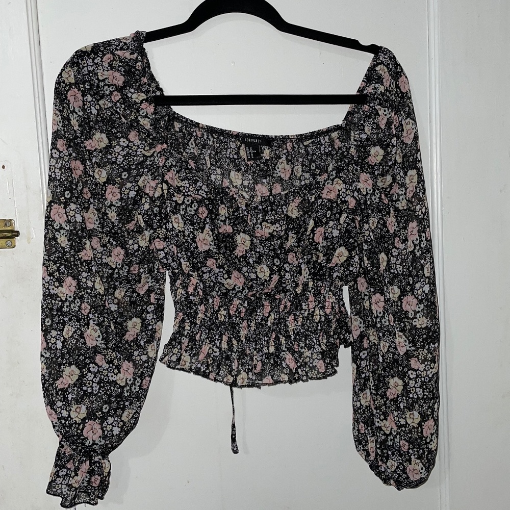 Cute Flower Printed Puffed Sleeve Crop Top
